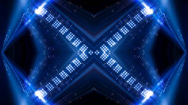 Soyut koyu fütüristik mavi gece arkaplanı. Işınlar ve çizgiler, şimşekler, ışıklar. Mavi neon ışığı, simetrik yansıma, gelecekteki ışık tüneli, sahne. 