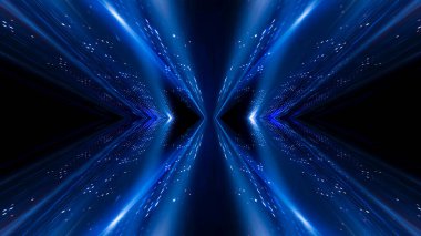 Soyut koyu fütüristik mavi gece arkaplanı. Işınlar ve çizgiler, şimşekler, ışıklar. Mavi neon ışığı, simetrik yansıma, gelecekteki ışık tüneli, sahne. 