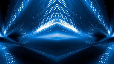 Soyut koyu fütüristik mavi gece arkaplanı. Işınlar ve çizgiler, şimşekler, ışıklar. Mavi neon ışığı, simetrik yansıma, gelecekteki ışık tüneli, sahne. 