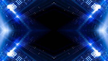 Soyut koyu fütüristik mavi gece arkaplanı. Işınlar ve çizgiler, şimşekler, ışıklar. Mavi neon ışığı, simetrik yansıma, gelecekteki ışık tüneli, sahne. 