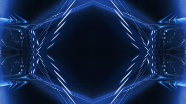 Soyut koyu fütüristik mavi gece arkaplanı. Işınlar ve çizgiler, şimşekler, ışıklar. Mavi neon ışığı, simetrik yansıma, gelecekteki ışık tüneli, sahne. 