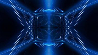 Soyut koyu fütüristik mavi gece arkaplanı. Işınlar ve çizgiler, şimşekler, ışıklar. Mavi neon ışığı, simetrik yansıma, gelecekteki ışık tüneli, sahne. 