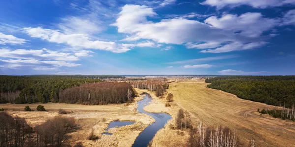 Forest landscape with sky, field and river. Spring sunny day, wild European nature. Beautiful sky. Top view, aerial photography.
