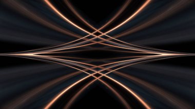 Neon çizgileri, geometrik şekilleri ve ışınları olan karanlık soyut bir zemin. Çok renkli neon ışığı. Gece görüşü, ışık hareketi, neonun simetrik yansıması. 3B illüstrasyon 