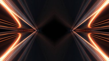 Neon çizgileri, geometrik şekilleri ve ışınları olan karanlık soyut bir zemin. Çok renkli neon ışığı. Gece görüşü, ışık hareketi, neonun simetrik yansıması. 3B illüstrasyon 