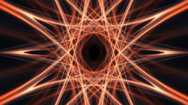 Neon çizgileri, geometrik şekilleri ve ışınları olan karanlık soyut bir zemin. Çok renkli neon ışığı. Gece görüşü, ışık hareketi, neonun simetrik yansıması. 3B illüstrasyon 