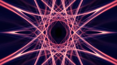 Neon çizgileri, geometrik şekilleri ve ışınları olan karanlık soyut bir zemin. Çok renkli neon ışığı. Gece görüşü, ışık hareketi, neonun simetrik yansıması. 3B illüstrasyon 