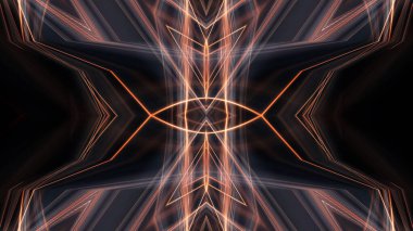 Neon çizgileri, geometrik şekilleri ve ışınları olan karanlık soyut bir zemin. Çok renkli neon ışığı. Gece görüşü, ışık hareketi, neonun simetrik yansıması. 3B illüstrasyon 