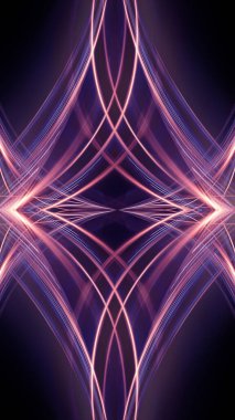 Neon çizgileri, geometrik şekilleri ve ışınları olan karanlık soyut bir zemin. Çok renkli neon ışığı. Gece görüşü, ışık hareketi, neonun simetrik yansıması. 3B illüstrasyon 