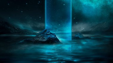 Soyut manzara ve adanın, neon figürünün, parıltının, neonun olduğu gelecekteki fantezi gece manzarası. Suda ışık yansıması olan karanlık doğal bir sahne. Neon uzay galaksisi portalı. 3B illüstrasyon. 