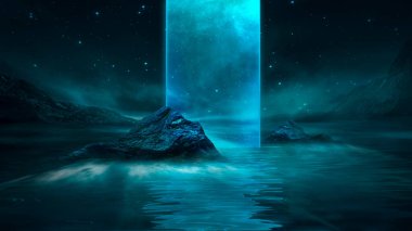 Soyut manzara ve adanın, neon figürünün, parıltının, neonun olduğu gelecekteki fantezi gece manzarası. Suda ışık yansıması olan karanlık doğal bir sahne. Neon uzay galaksisi portalı. 3B illüstrasyon. 
