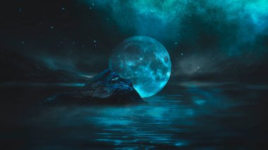 Soyut manzara ve adanın, neon figürünün, parıltının, neonun olduğu gelecekteki fantezi gece manzarası. Suda ışık yansıması olan karanlık doğal bir sahne. Neon uzay galaksisi portalı. 3B illüstrasyon. 