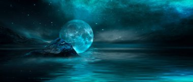 Soyut manzara ve adanın, neon figürünün, parıltının, neonun olduğu gelecekteki fantezi gece manzarası. Suda ışık yansıması olan karanlık doğal bir sahne. Neon uzay galaksisi portalı. 3B illüstrasyon. 