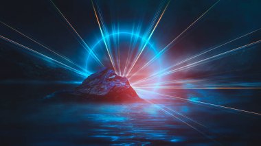 Soyut manzara ve adanın, neon figürünün, parıltının, neonun olduğu gelecekteki fantezi gece manzarası. Suda ışık yansıması olan karanlık doğal bir sahne. Neon uzay galaksisi portalı. 3B illüstrasyon. 