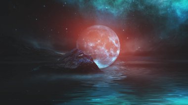 Soyut manzara ve adanın, neon figürünün, parıltının, neonun olduğu gelecekteki fantezi gece manzarası. Suda ışık yansıması olan karanlık doğal bir sahne. Neon uzay galaksisi portalı. 3B illüstrasyon. 