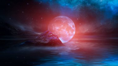 Soyut manzara ve adanın, neon figürünün, parıltının, neonun olduğu gelecekteki fantezi gece manzarası. Suda ışık yansıması olan karanlık doğal bir sahne. Neon uzay galaksisi portalı. 3B illüstrasyon. 