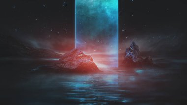 Soyut manzara ve adanın, neon figürünün, parıltının, neonun olduğu gelecekteki fantezi gece manzarası. Suda ışık yansıması olan karanlık doğal bir sahne. Neon uzay galaksisi portalı. 3B illüstrasyon. 