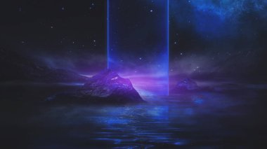 Soyut manzara ve adanın, neon figürünün, parıltının, neonun olduğu gelecekteki fantezi gece manzarası. Suda ışık yansıması olan karanlık doğal bir sahne. Neon uzay galaksisi portalı. 3B illüstrasyon. 