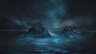 Soyut manzara ve adanın, neon figürünün, parıltının, neonun olduğu gelecekteki fantezi gece manzarası. Suda ışık yansıması olan karanlık doğal bir sahne. Neon uzay galaksisi portalı. 3B illüstrasyon. 