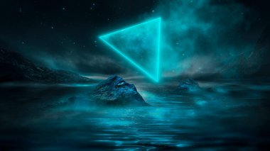 Soyut manzara ve adanın, neon figürünün, parıltının, neonun olduğu gelecekteki fantezi gece manzarası. Suda ışık yansıması olan karanlık doğal bir sahne. Neon uzay galaksisi portalı. 3B illüstrasyon. 