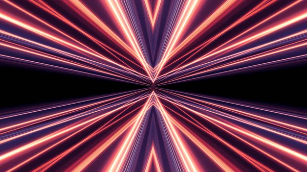 Dark abstract background with neon lines, geometric shapes and rays. Multi-color neon light. Night view, movement of light, symmetrical reflection of neon. 3D illustration