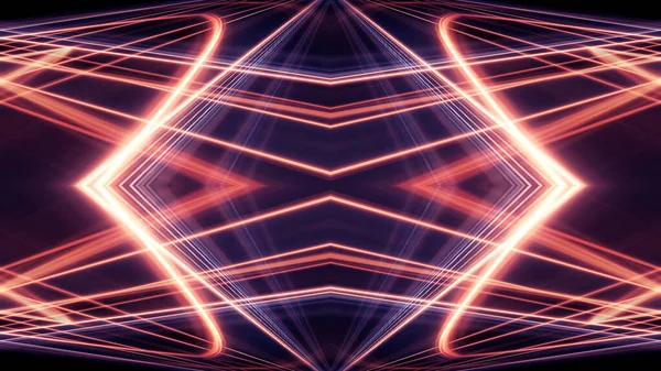 Dark abstract background with neon lines, geometric shapes and rays. Multi-color neon light. Night view, movement of light, symmetrical reflection of neon. 3D illustration
