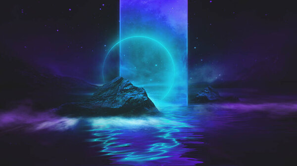 Футуристический фантастический ночной пейзаж с абстрактным ландшафтом и островом, неоновая фигура, светящийся, неоновый. Темная естественная сцена со светом в воде. Портал неоновой космической галактики. 3D иллюстрация. 