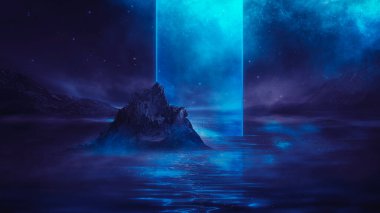 Soyut manzara ve adanın, neon figürünün, parıltının, neonun olduğu gelecekteki fantezi gece manzarası. Suda ışık yansıması olan karanlık doğal bir sahne. Neon uzay galaksisi portalı. 3B illüstrasyon. 