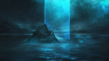 Soyut manzara ve adanın, neon figürünün, parıltının, neonun olduğu gelecekteki fantezi gece manzarası. Suda ışık yansıması olan karanlık doğal bir sahne. Neon uzay galaksisi portalı. 3B illüstrasyon. 