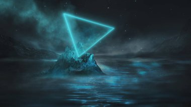 Soyut manzara ve adanın, neon figürünün, parıltının, neonun olduğu gelecekteki fantezi gece manzarası. Suda ışık yansıması olan karanlık doğal bir sahne. Neon uzay galaksisi portalı. 3B illüstrasyon. 