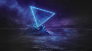 Soyut manzara ve adanın, neon figürünün, parıltının, neonun olduğu gelecekteki fantezi gece manzarası. Suda ışık yansıması olan karanlık doğal bir sahne. Neon uzay galaksisi portalı. 3B illüstrasyon. 