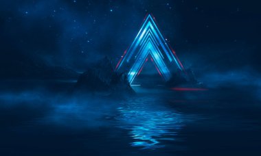 Soyut manzara ve adanın, neon figürünün, parıltının, neonun olduğu gelecekteki fantezi gece manzarası. Suda ışık yansıması olan karanlık doğal bir sahne. Neon uzay galaksisi portalı. 3B illüstrasyon. 