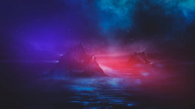 Soyut manzara ve adanın, neon figürünün, parıltının, neonun olduğu gelecekteki fantezi gece manzarası. Suda ışık yansıması olan karanlık doğal bir sahne. Neon uzay galaksisi portalı. 3B illüstrasyon. 