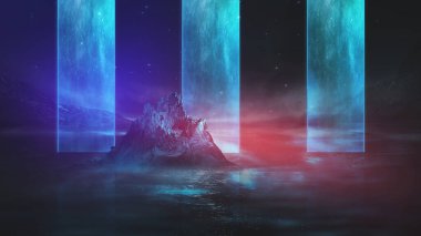 Soyut manzara ve adanın, neon figürünün, parıltının, neonun olduğu gelecekteki fantezi gece manzarası. Suda ışık yansıması olan karanlık doğal bir sahne. Neon uzay galaksisi portalı. 3B illüstrasyon. 