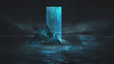 Soyut manzara ve adanın, neon figürünün, parıltının, neonun olduğu gelecekteki fantezi gece manzarası. Suda ışık yansıması olan karanlık doğal bir sahne. Neon uzay galaksisi portalı. 3B illüstrasyon. 