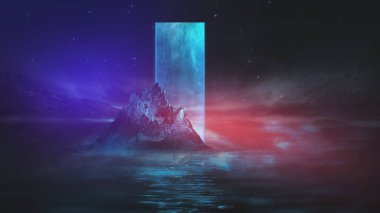 Soyut manzara ve adanın, neon figürünün, parıltının, neonun olduğu gelecekteki fantezi gece manzarası. Suda ışık yansıması olan karanlık doğal bir sahne. Neon uzay galaksisi portalı. 3B illüstrasyon. 