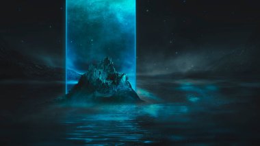 Soyut manzara ve adanın, neon figürünün, parıltının, neonun olduğu gelecekteki fantezi gece manzarası. Suda ışık yansıması olan karanlık doğal bir sahne. Neon uzay galaksisi portalı. 3B illüstrasyon. 