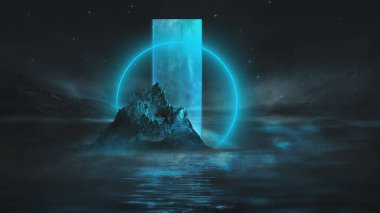 Soyut manzara ve adanın, neon figürünün, parıltının, neonun olduğu gelecekteki fantezi gece manzarası. Suda ışık yansıması olan karanlık doğal bir sahne. Neon uzay galaksisi portalı. 3B illüstrasyon. 