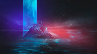 Soyut manzara ve adanın, neon figürünün, parıltının, neonun olduğu gelecekteki fantezi gece manzarası. Suda ışık yansıması olan karanlık doğal bir sahne. Neon uzay galaksisi portalı. 3B illüstrasyon. 
