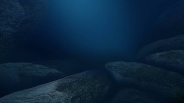 Suyun altında hafif bir figür. Koyu yeşil su. Deniz suyunun derinliği, denizin dibi, suyun içinden geçen güneş ışınları, sualtı dünyası, arka plan karanlık deniz. 3d illüstrasyon 