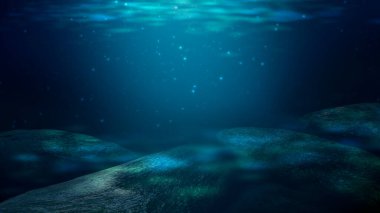 Suyun altında hafif bir figür. Koyu yeşil su. Deniz suyunun derinliği, denizin dibi, suyun içinden geçen güneş ışınları, sualtı dünyası, arka plan karanlık deniz. 3d illüstrasyon 
