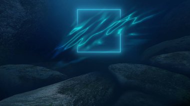 Suyun altında hafif bir figür. Koyu yeşil su. Deniz suyunun derinliği, denizin dibi, suyun içinden geçen güneş ışınları, sualtı dünyası, arka plan karanlık deniz. 3d illüstrasyon 