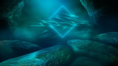 Suyun altında hafif bir figür. Koyu yeşil su. Deniz suyunun derinliği, denizin dibi, suyun içinden geçen güneş ışınları, sualtı dünyası, arka plan karanlık deniz. 3d illüstrasyon 