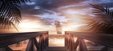 Gece deniz manzarası, fenerli fantezi adası ve deniz kenarında ahşap iskele. Akşam Kıyısı, plaj partisi. Neon mavisi günbatımı, neonun suda yansıması. 3B illüstrasyon. 