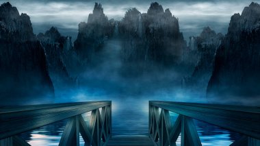 Gece deniz manzarası, fenerli fantezi adası ve deniz kenarında ahşap iskele. Akşam Kıyısı, plaj partisi. Neon mavisi günbatımı, neonun suda yansıması. 3B illüstrasyon. 