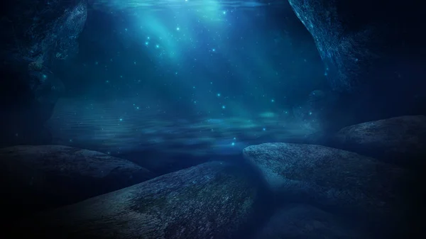 Light figure under water. Dark green water.  Depth of sea water, the bottom of the sea, the rays of the sun through the water, the underwater world, dark sea the background. 3d illustration