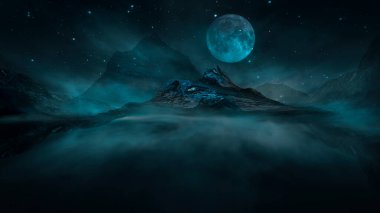 Soyut manzara ve adanın olduğu gelecekteki fantezi gece manzarası, ay ışığı, aydınlık, ay, neon. Suda ışık yansıması olan karanlık doğal bir sahne. Neon uzay galaksisi portalı. 3B illüstrasyon. 