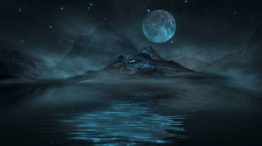 Soyut manzara ve adanın olduğu gelecekteki fantezi gece manzarası, ay ışığı, aydınlık, ay, neon. Suda ışık yansıması olan karanlık doğal bir sahne. Neon uzay galaksisi portalı. 3B illüstrasyon. 