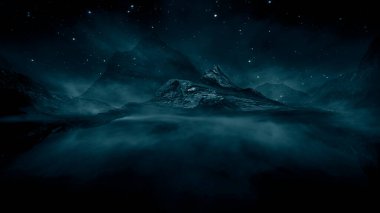 Soyut manzara ve adanın olduğu gelecekteki fantezi gece manzarası, ay ışığı, aydınlık, ay, neon. Suda ışık yansıması olan karanlık doğal bir sahne. Neon uzay galaksisi portalı. 3B illüstrasyon. 