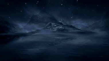 Soyut manzara ve adanın olduğu gelecekteki fantezi gece manzarası, ay ışığı, aydınlık, ay, neon. Suda ışık yansıması olan karanlık doğal bir sahne. Neon uzay galaksisi portalı. 3B illüstrasyon. 